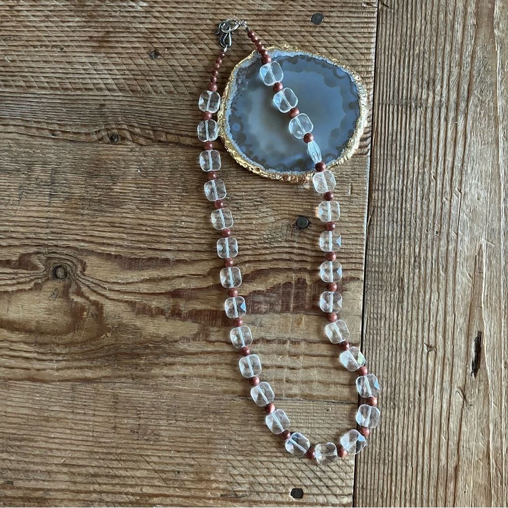 Clear Square Crystal Necklace with Copper Tone Beads